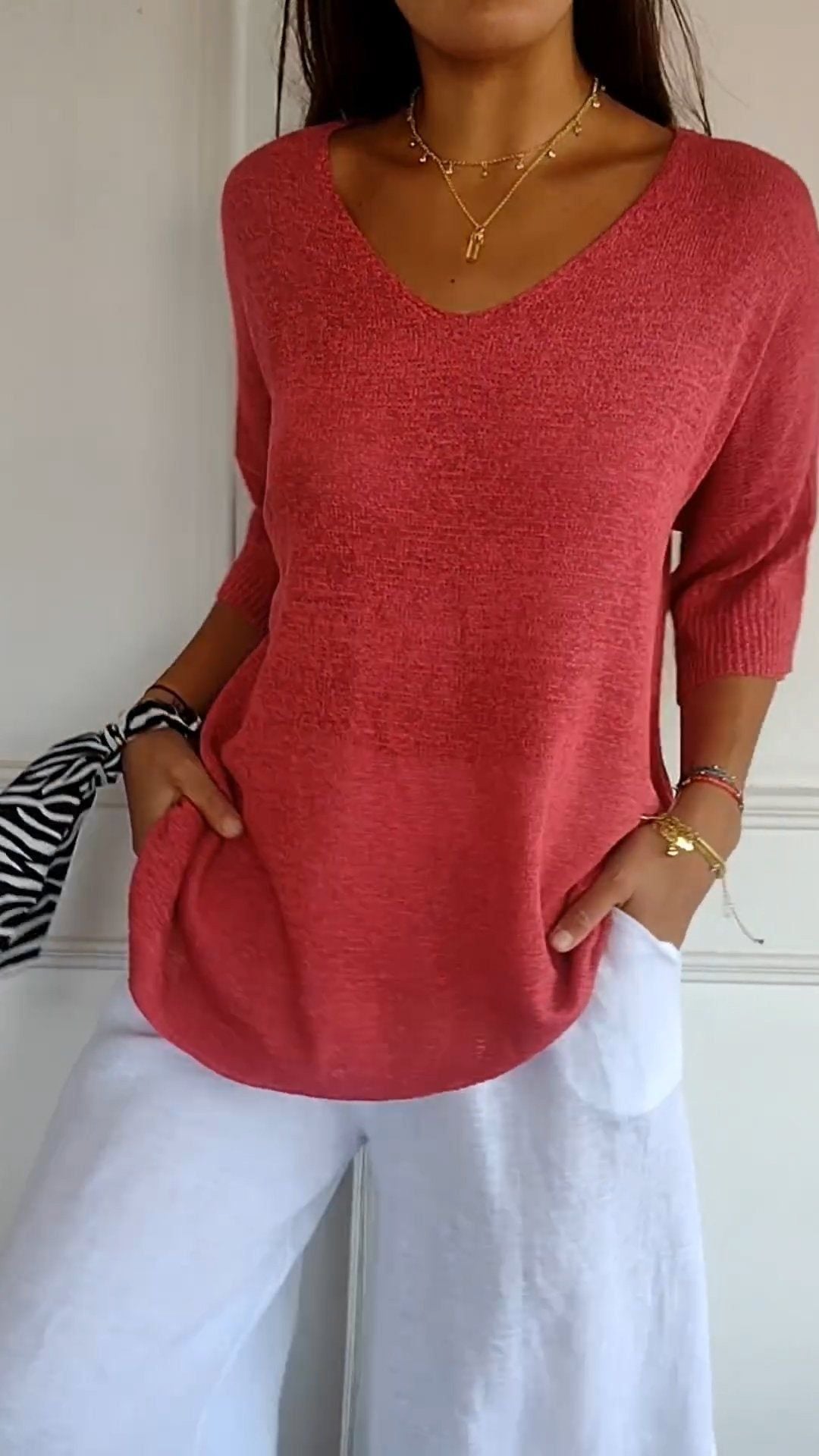 NIVANOO | Pull à Col V Ajusté en Maille Fine