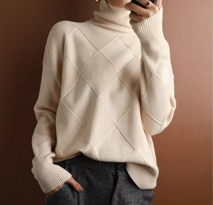 NIVANOO | Pull Col Roulé à Motif Losange Texturé