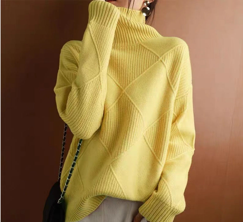 NIVANOO | Pull Col Roulé à Motif Losange Texturé