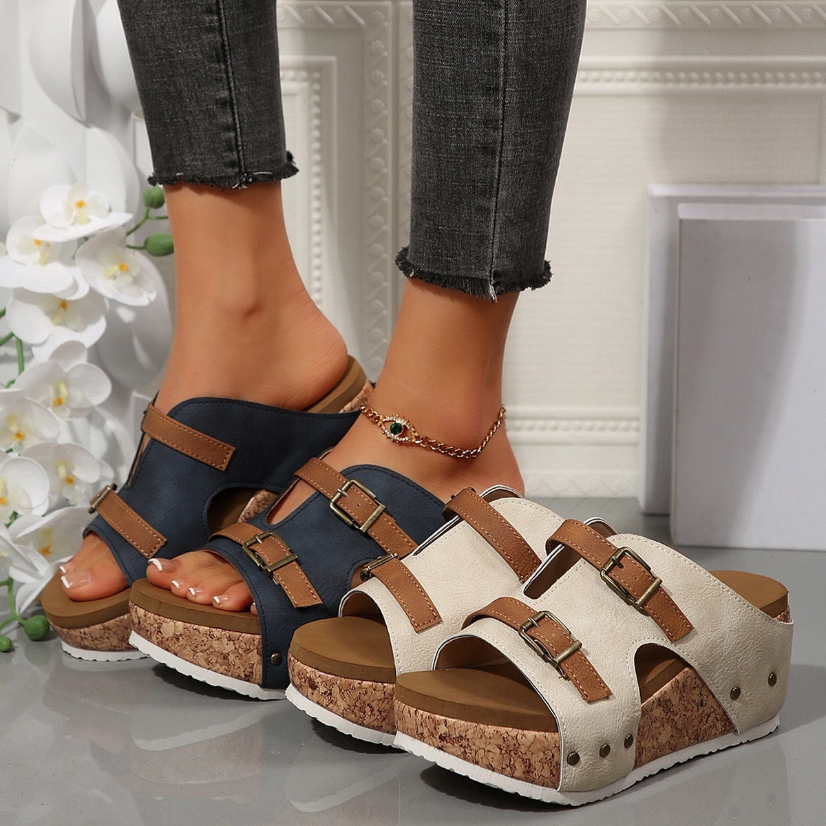 NIVANOO | Sandales Compensées à Boucle Style Romain