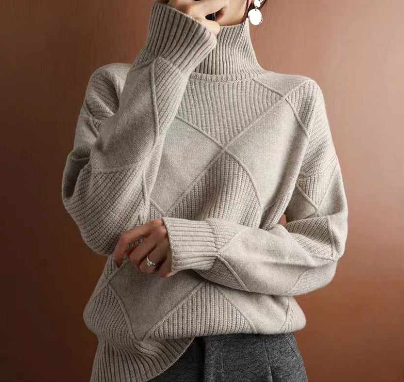 NIVANOO | Pull Col Roulé à Motif Losange Texturé