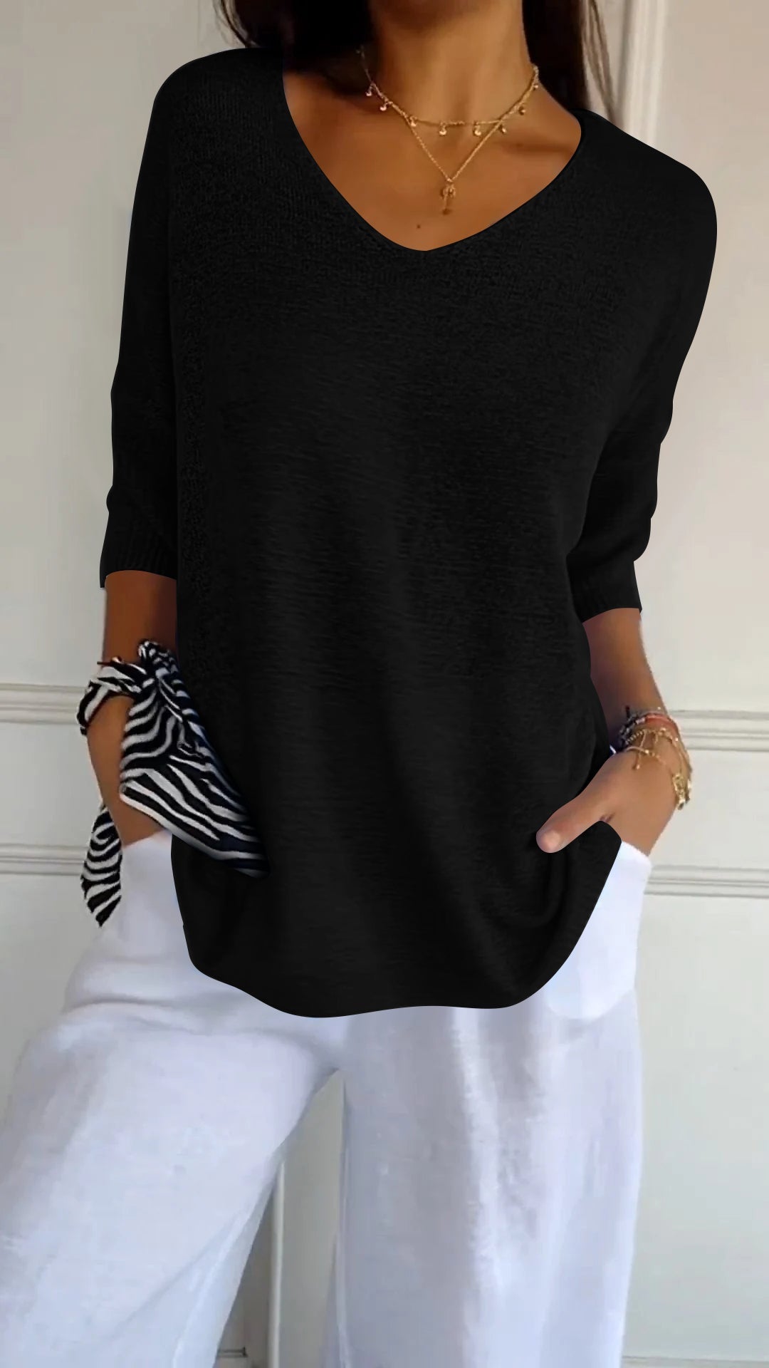 NIVANOO | Pull à Col V Ajusté en Maille Fine