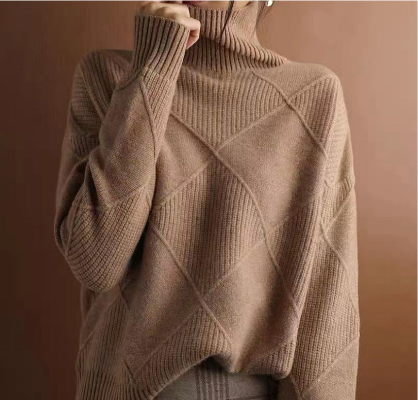 NIVANOO | Pull Col Roulé à Motif Losange Texturé