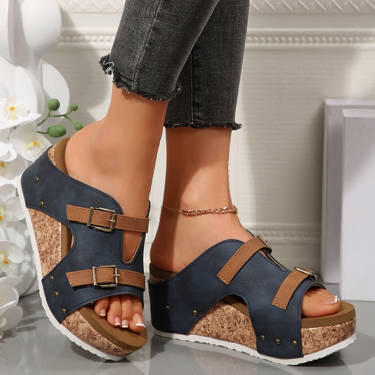 NIVANOO | Sandales Compensées à Boucle Style Romain