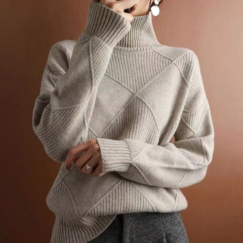 NIVANOO | Pull Col Roulé à Motif Losange Texturé