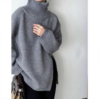 NIVANOO | Pull Col Roulé Zippé Ample en Maille