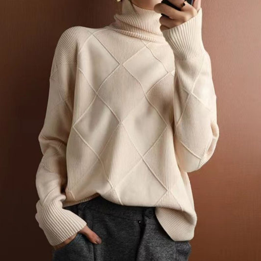 NIVANOO | Pull Col Roulé à Motif Losange Texturé