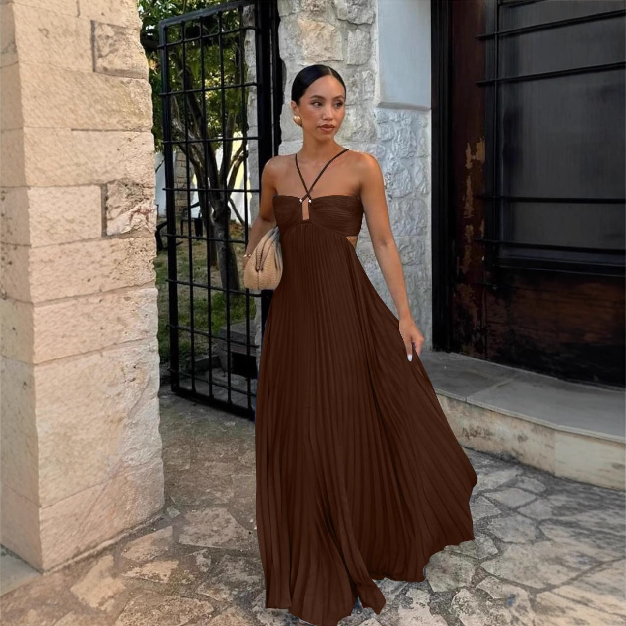 Robe Longue Plissée à Bretelles