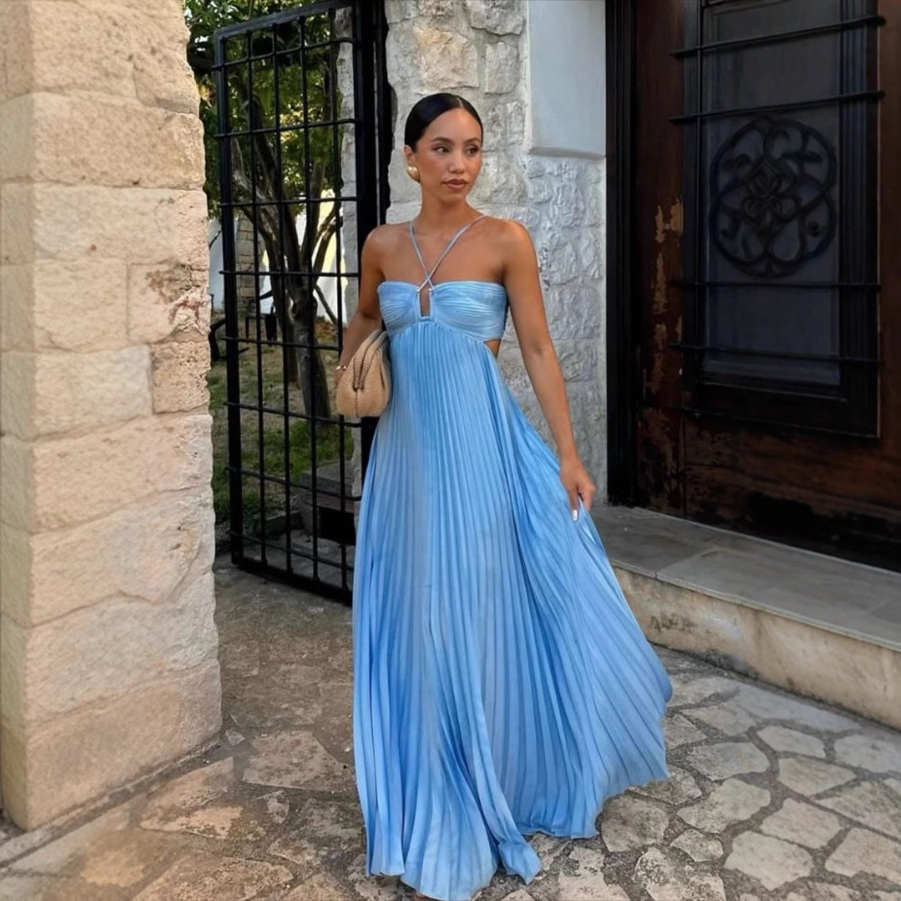 Robe Longue Plissée à Bretelles