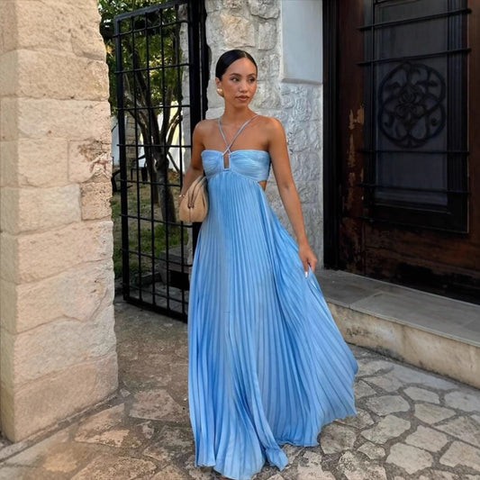 Robe Longue Plissée à Bretelles
