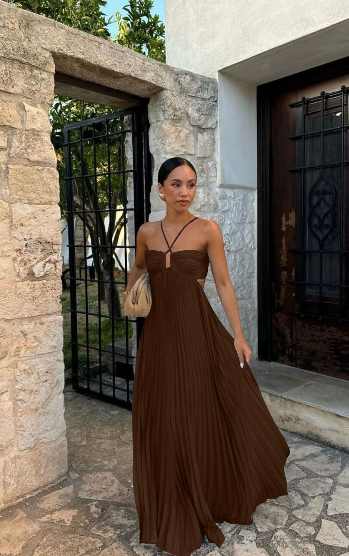 Robe Longue Plissée à Bretelles