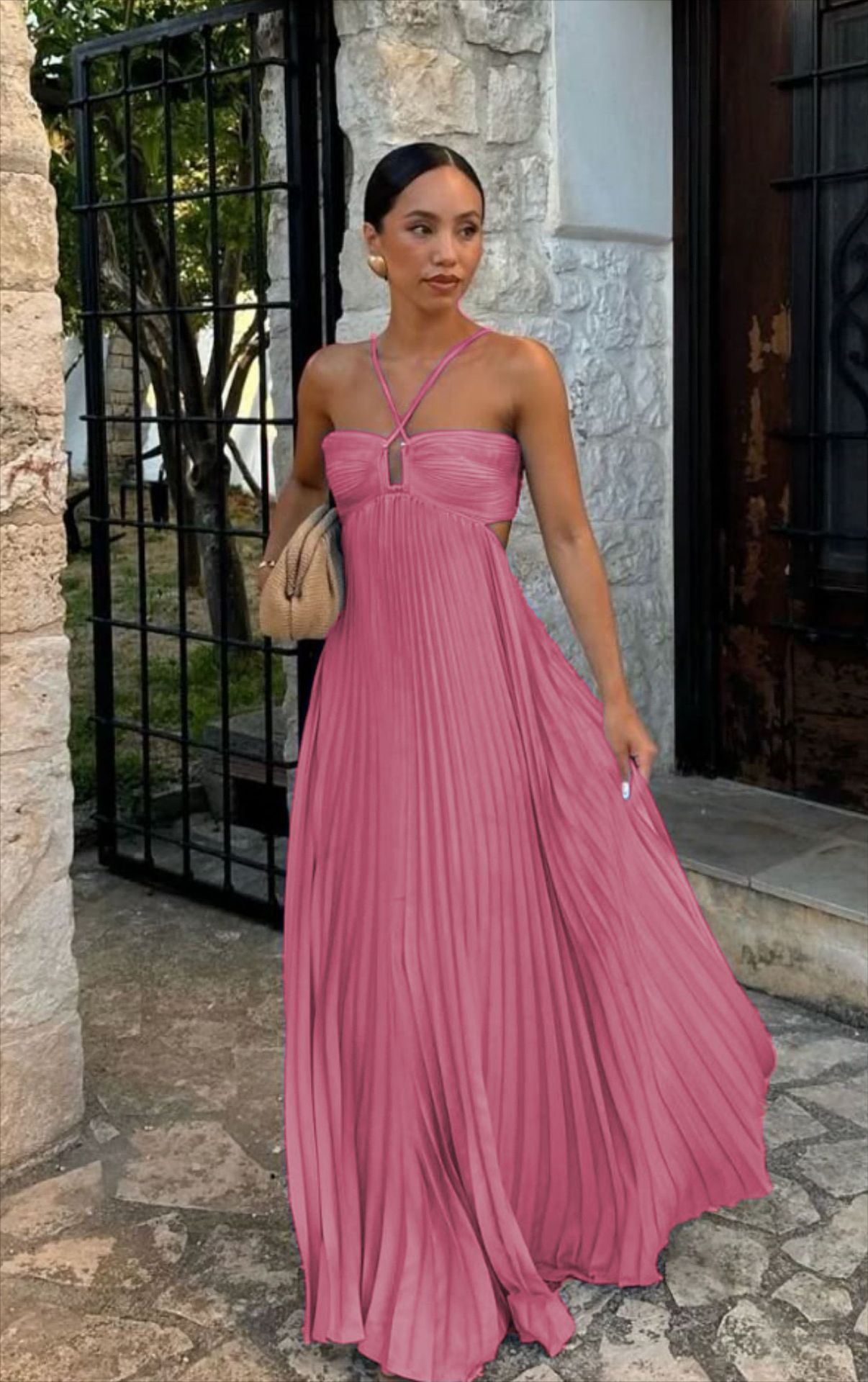 Robe Longue Plissée à Bretelles